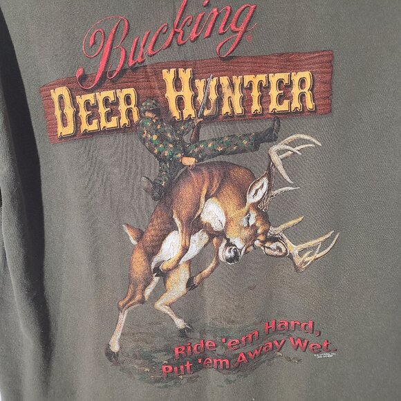 Vintage Bucking Deer Hunter" Ride"em Hard, Put'em Away Wet" Large Green T-Shirt - Picture 4 of 6